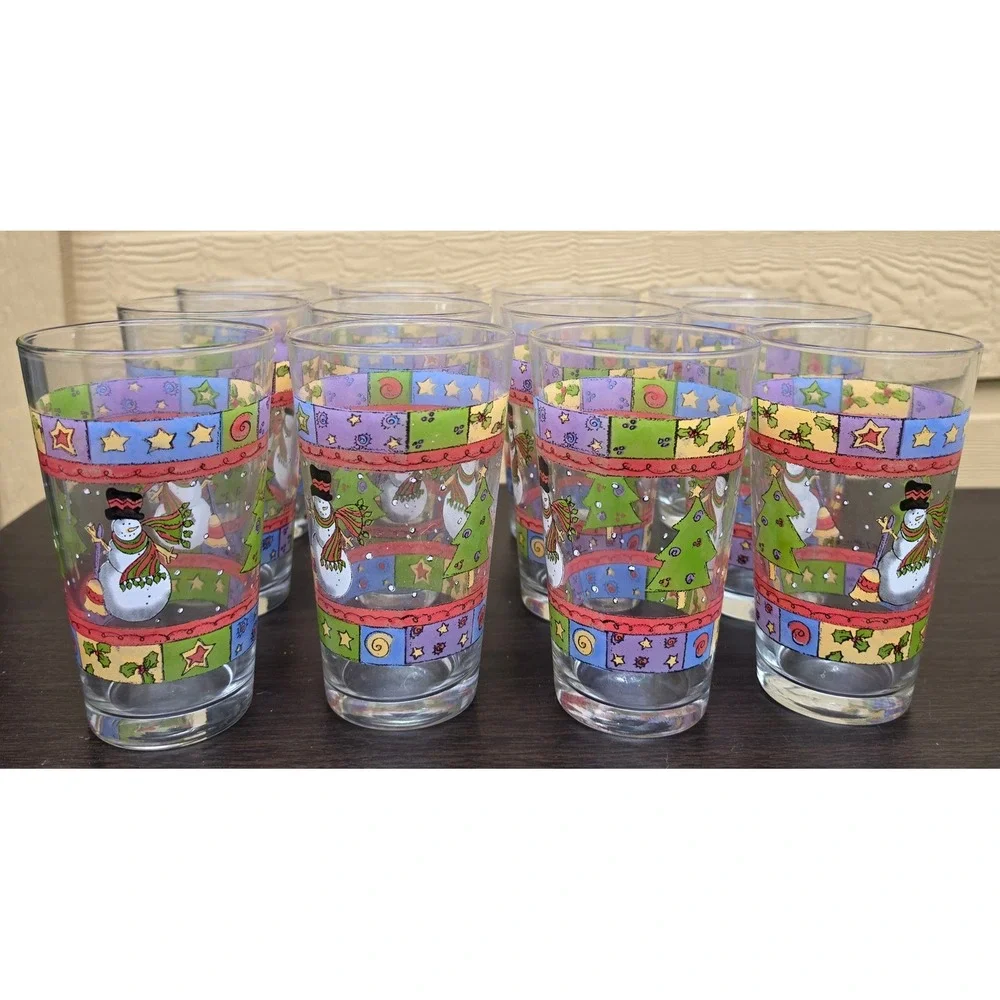 Sue Zipkin Snowman Christmas‎ Glass Tumblers Set of 12 Holiday Drinking Glasses